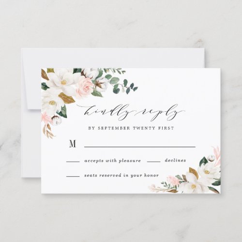 Blush Pink Gold and White Magnolia Floral Wedding RSVP Card - Designs features elegant magnolia, peony rose, eucalyptus, greenery and other watercolor elements in white, blush pink or pink peach and more. The greenery features shades of dark and light green colors with some elements featuring gold, antique gold and copper. This classy item is versatile for varieties of wedding themes -- spring, summer, winter, country, vintage, beach and more.  View the collection on this page to view matching items in this design.