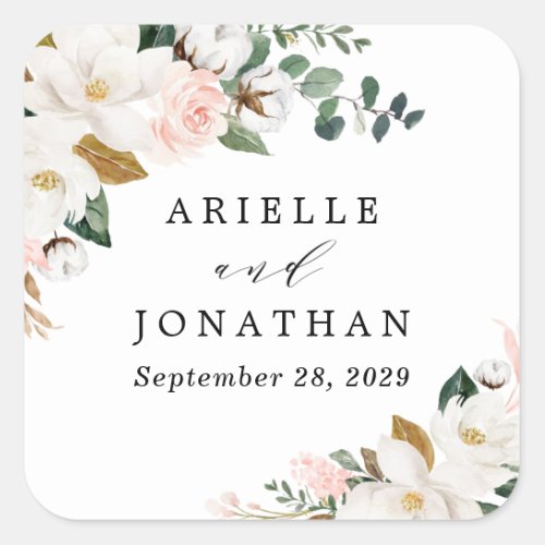 Blush Pink Gold and White Magnolia Floral Wedding Square Sticker - Designs features elegant magnolia, peony rose, eucalyptus, greenery and other watercolor elements in white, blush pink or pink peach and more. The greenery features shades of dark and light green colors with some elements featuring gold, antique gold and copper. This classy item is versatile for varieties of wedding themes -- spring, summer, winter, country, vintage, beach and more.  View the collection on this page to view matching items in this design.