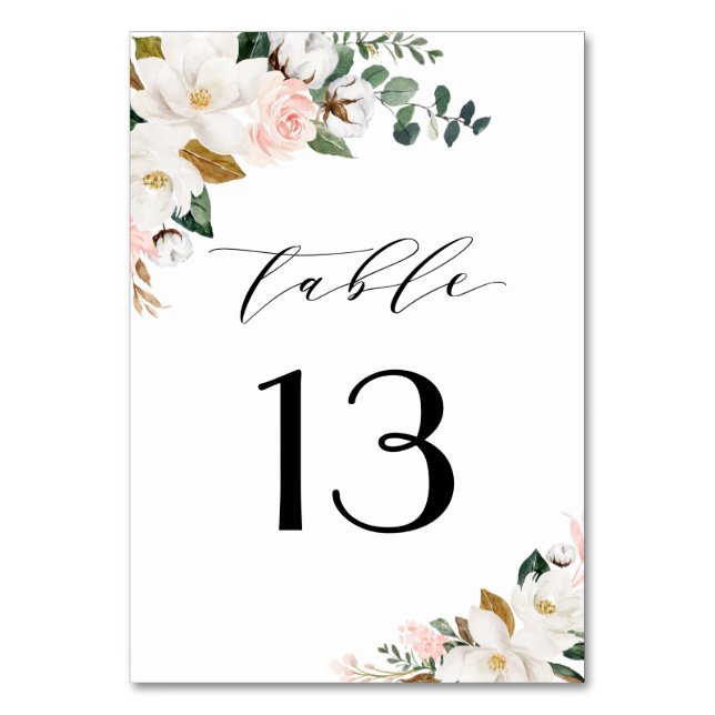 Blush Pink Gold and White Magnolia Floral Wedding Table Number (Front)