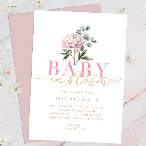 Blush Pink  Gold Baby In Bloom Baby Shower Invitation