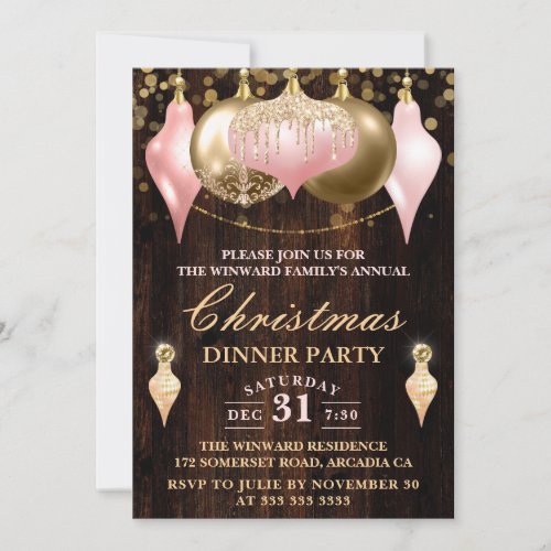 Blush Pink  Gold Baubles Christmas Dinner Party Invitation