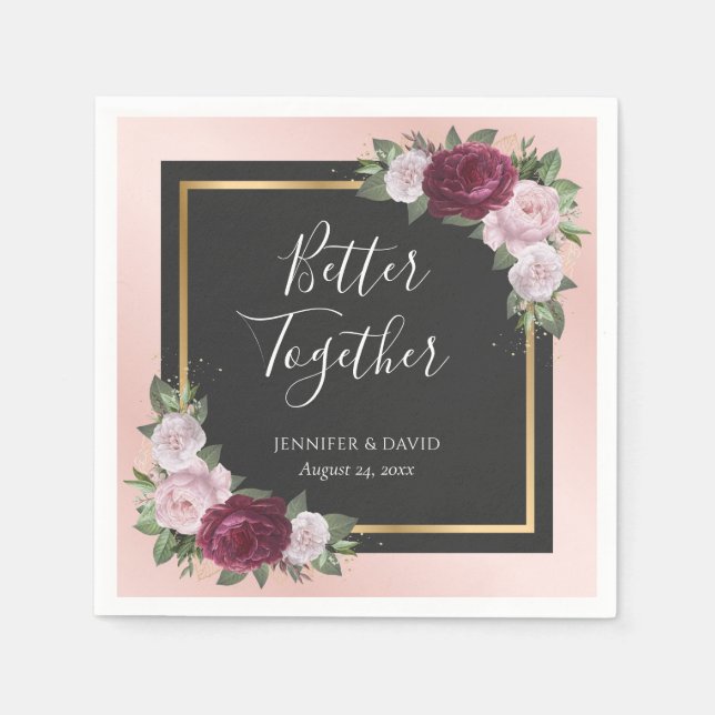 Blush Pink Gold Black Burgundy Floral Wedding Napkins (Front)