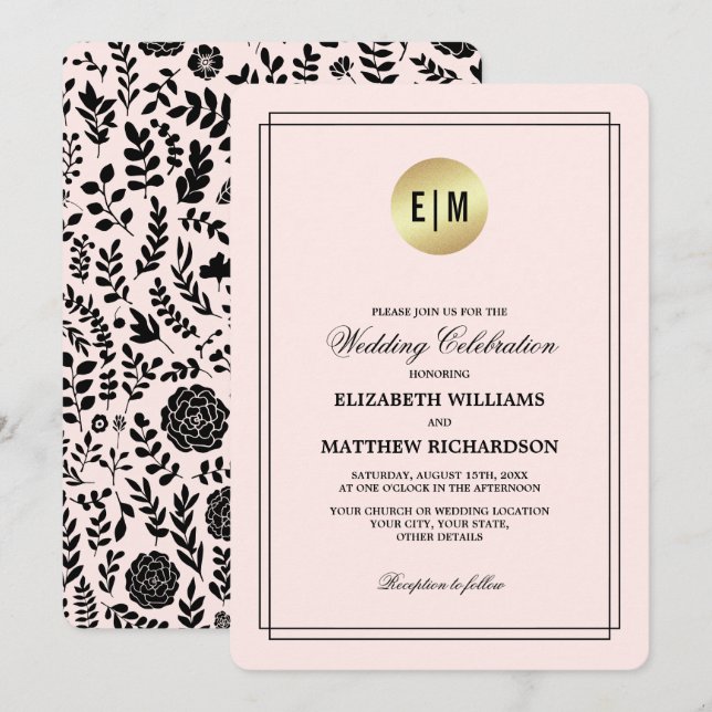 Blush Pink Gold Black Floral Wedding  Invitation (Front/Back)