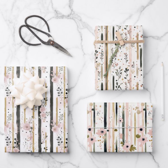 Blush Pink Gold Black Florals Stripes Her Birthday Wrapping Paper Sheets (Front)