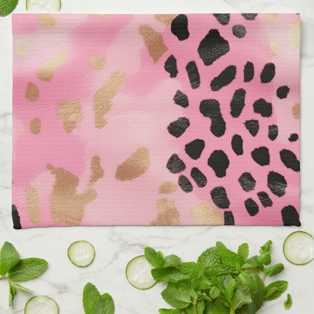 Blush Pink Gold Black Leopard Abstract Kitchen Towel (Folded)