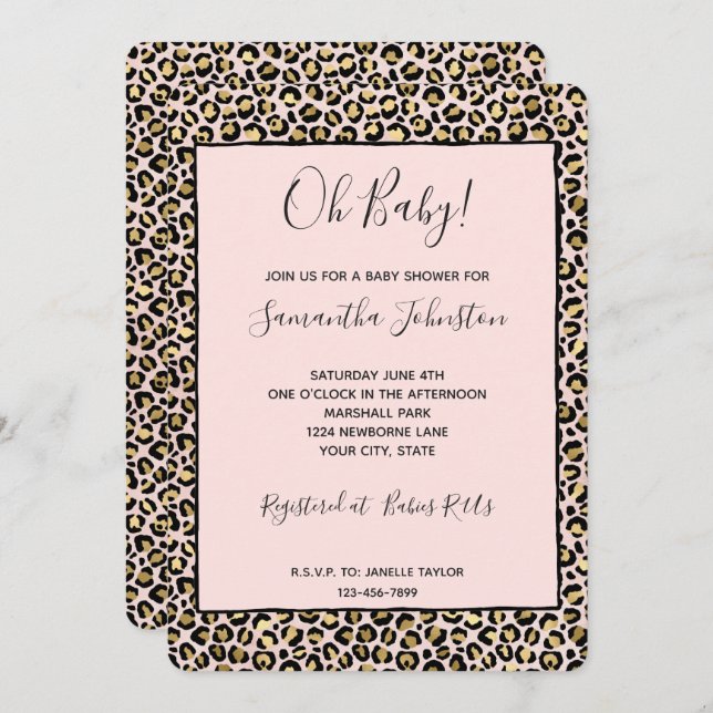 Blush Pink Gold Black Leopard Print Invitation (Front/Back)