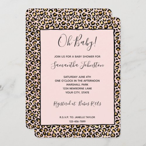 Blush Pink Gold Black Leopard Print Invitation
