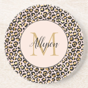 Blush Pink Gold Black Leopard Print Monogram Coaster