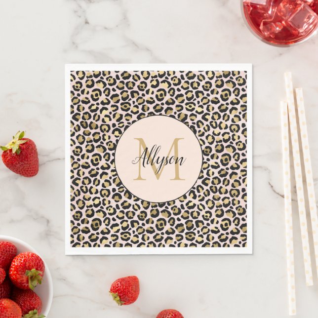 Blush Pink Gold Black Leopard Print Monogram       Napkins (Insitu)
