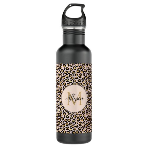 Blush Pink Gold Black Leopard Print Monogram       Stainless Steel Water Bottle