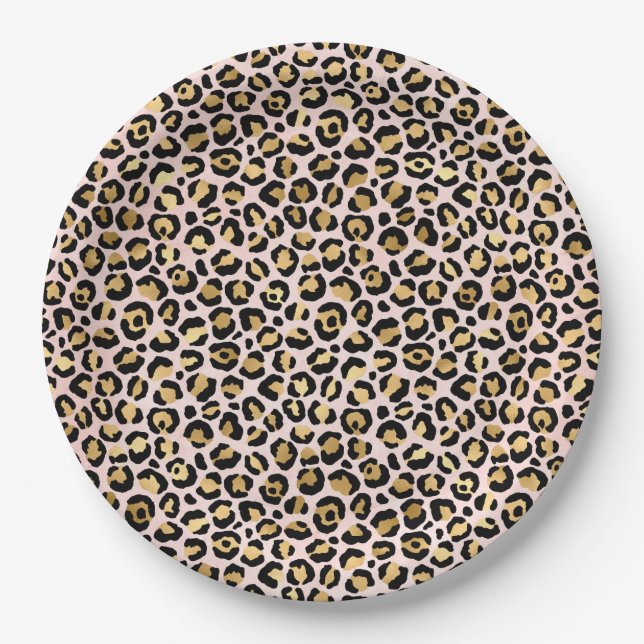 Blush Pink Gold Black Leopard Print   Paper Plates (Front)