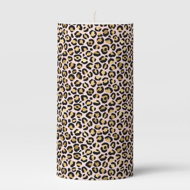 Blush Pink Gold Black Leopard Print          Pillar Candle (Front)