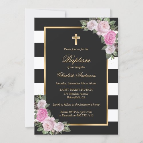Blush Pink Gold Black Striped Floral Girl Baptism Invitation