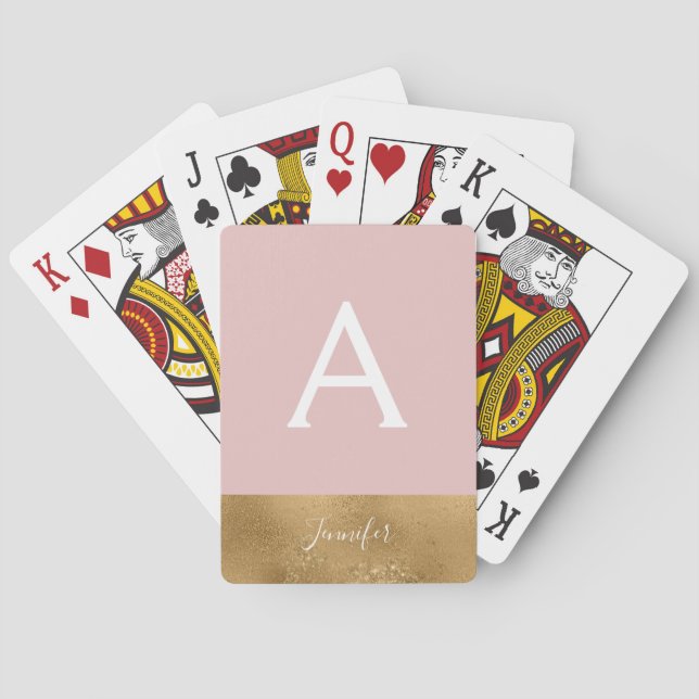 Blush Pink Gold Bling Luxury Sparkle Monogram Poker Cards (Back)