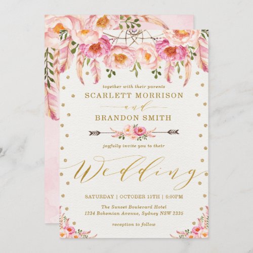Blush Pink Gold Boho Floral Dreamcatcher Wedding Invitation