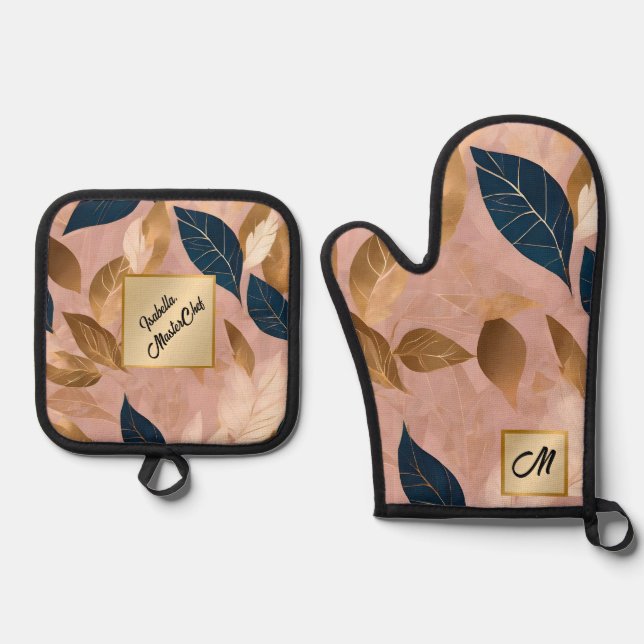 Blush Pink Gold Boho Leaves Popular Collection Oven Mitt & Pot Holder Set (Front)