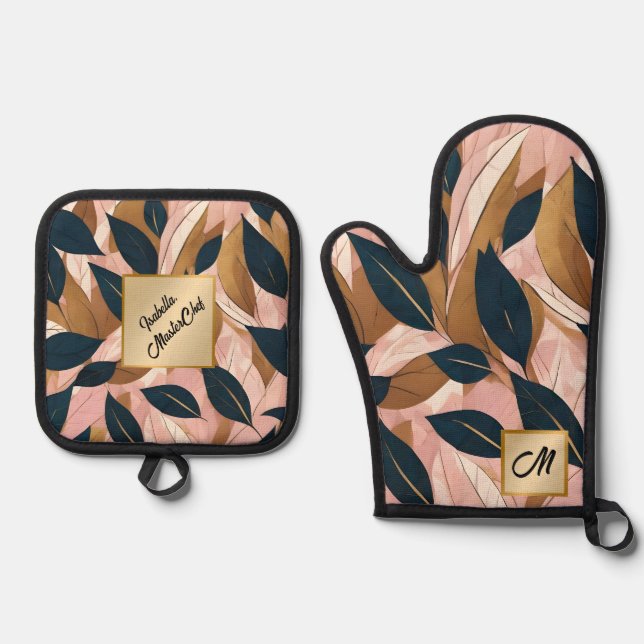Blush Pink Gold Boho Leaves Trendy Collection Oven Mitt & Pot Holder Set (Front)