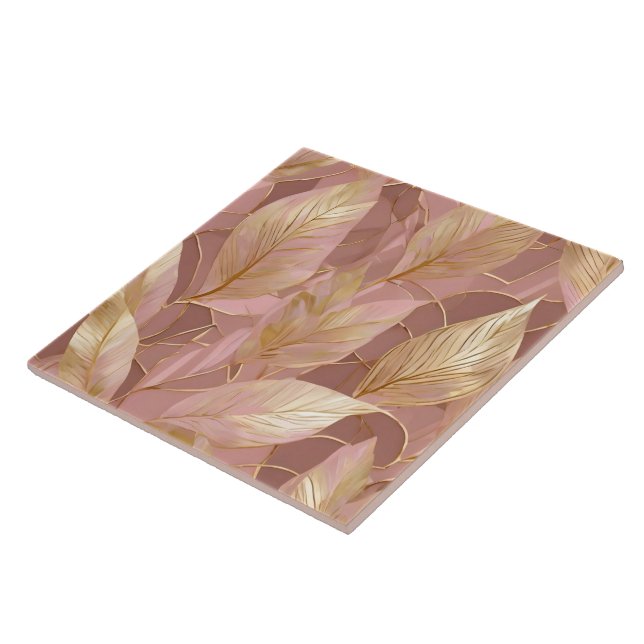 Blush Pink Gold Boho Modern Leaves Collection Ceramic Tile (Side)