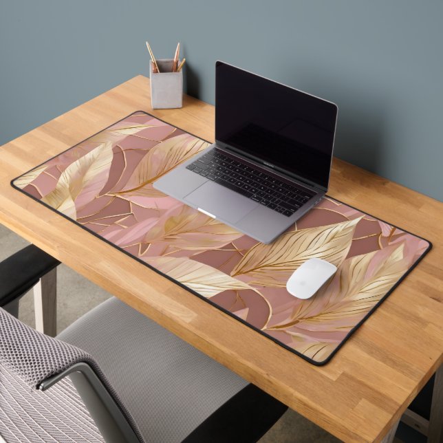 Blush Pink Gold Boho Modern Leaves Collection Desk Mat (Office 2)