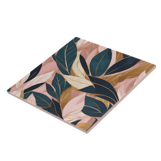 Blush Pink Gold Boho Trendy Leaves Collection Ceramic Tile (Side)