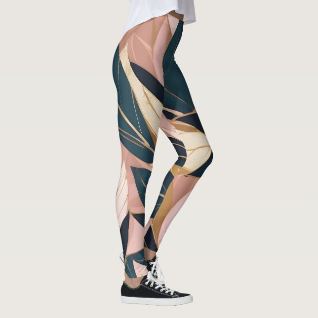 Blush Pink Gold Boho Trendy Leaves Collection Leggings (Right)