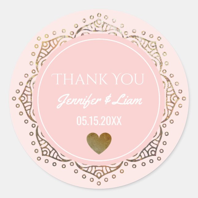 Blush Pink Gold Boho Wedding Heart Thank You Favor Classic Round Sticker (Front)