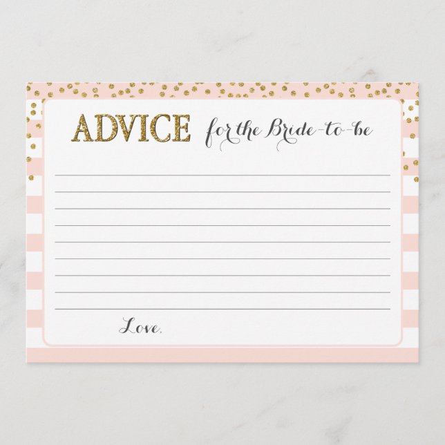 Blush Pink Gold Bride Bridal Shower Custom Wedding Advice Card (Front)