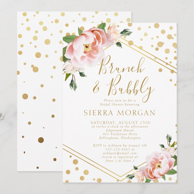 Blush Pink Gold Brunch & Bubbly Bridal Shower Invitation (Front/Back)