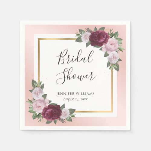 Blush Pink Gold Burgundy Floral Bridal Shower Napkins