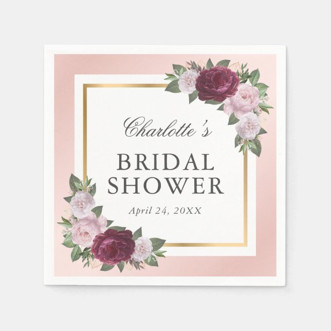 Blush Pink Gold Burgundy Floral Bridal Shower Napkins (Front)