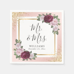 Blush Pink Gold Burgundy Floral Wedding Napkins