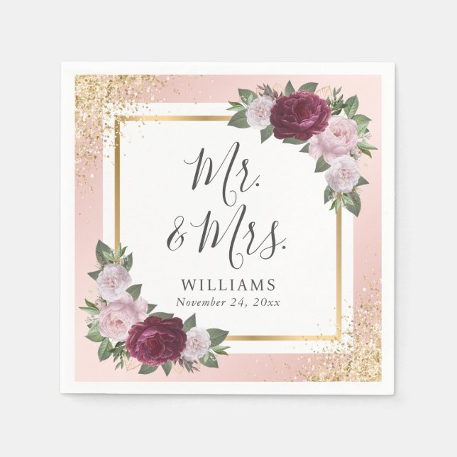 Blush Pink Gold Burgundy Floral Wedding Napkins (Front)