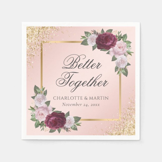 Blush Pink Gold Burgundy Floral Wedding Napkins (Front)