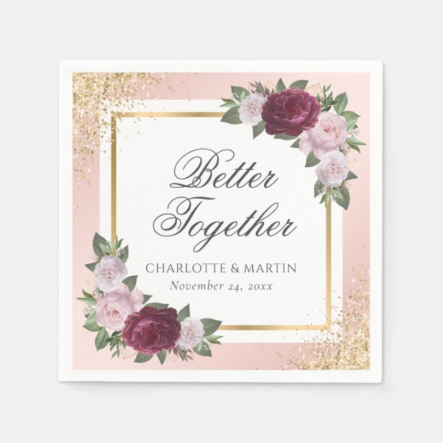 Blush Pink Gold Burgundy Floral Wedding Napkins (Front)