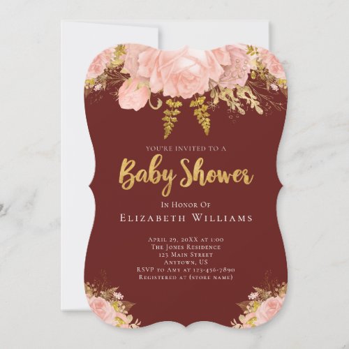 Blush Pink Gold Burgundy Flower Girl Baby Shower Invitation