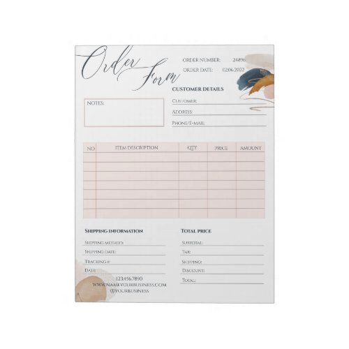Blush Pink  Gold Business Order Form Notepad