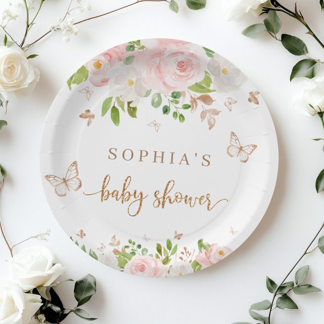 Blush pink, gold butterflies baby shower paper plates (Creator Uploaded)