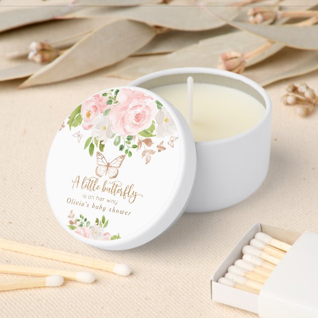 Blush pink gold butterfly floral baby shower mini candle favors (Insitu)