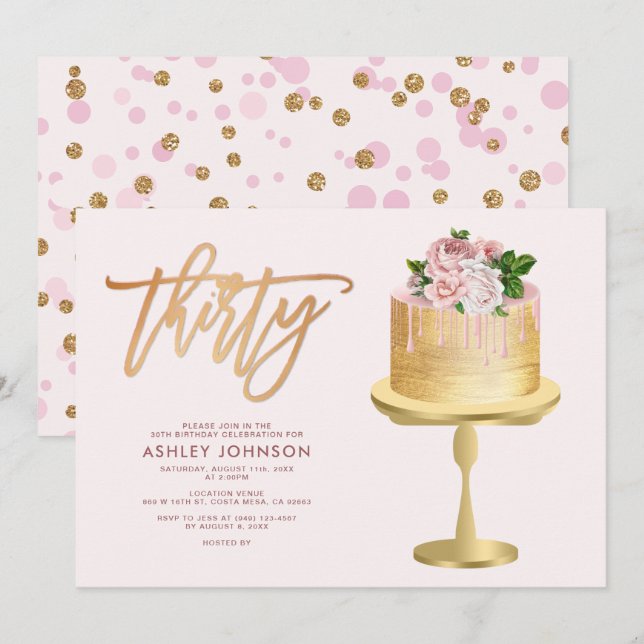Blush Pink & Gold Cake Confetti30th Birthday Party Invitation (Front/Back)