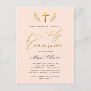 Blush Pink & Gold Calligraphy First Holy Communion Invitation Postcard