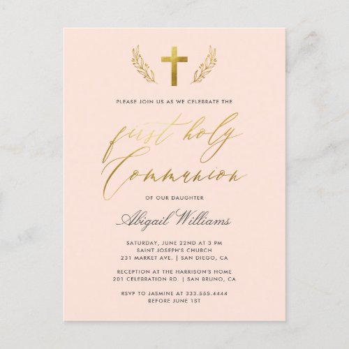 Blush Pink  Gold Calligraphy First Holy Communion Invitation Postcard