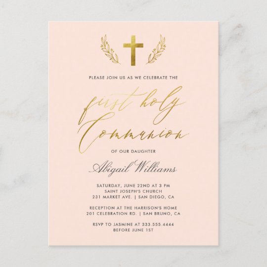 Blush Pink & Gold Calligraphy First Holy Communion Invitation Postcard ...