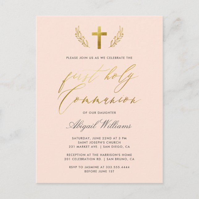 Blush Pink & Gold Calligraphy First Holy Communion Invitation Postcard (Front)