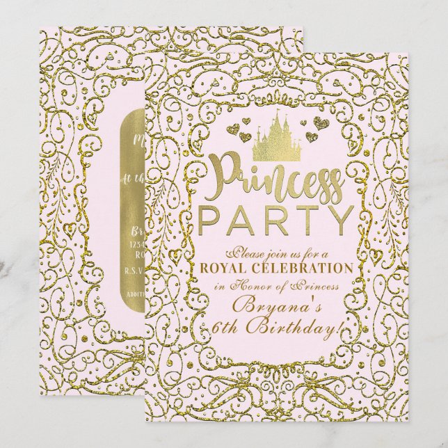 Blush Pink & Gold Castle PRINCESS PARTY Birthday Invitation (Front/Back)