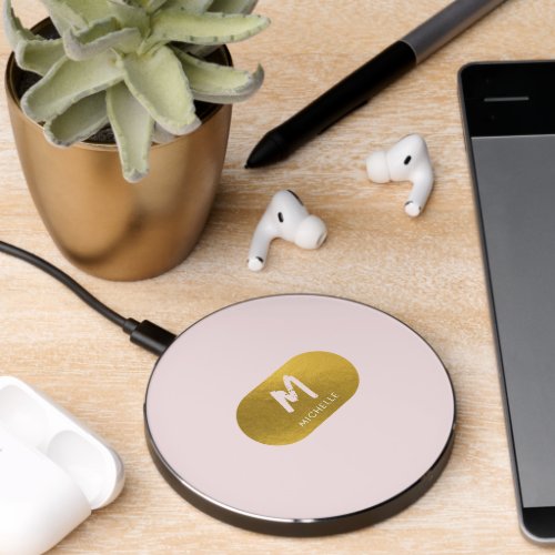 Blush Pink Gold Chic Feminine Monogram Initial  Wireless Charger