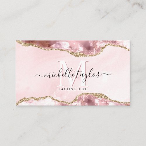 Blush Pink Gold Chic Glitter Gold Agate Monogram   Business Card