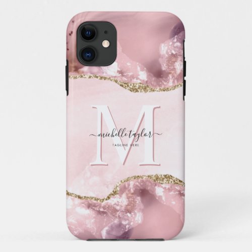 Blush Pink Gold Chic Glitter Gold Agate Monogram   iPhone 11 Case