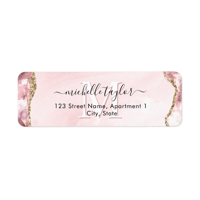 Blush Pink Gold Chic Glitter Gold Agate Monogram  Label (Front)