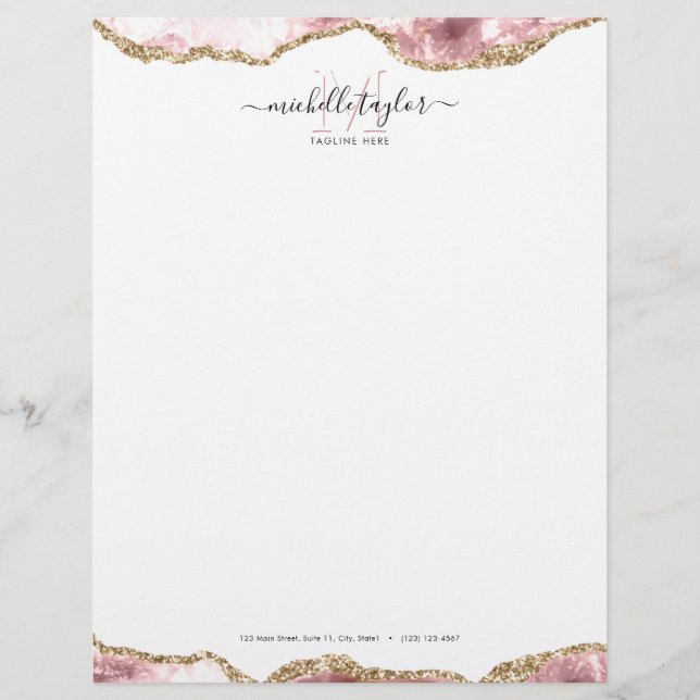 Blush Pink Gold Chic Glitter Gold Agate Monogram   Letterhead (Front)