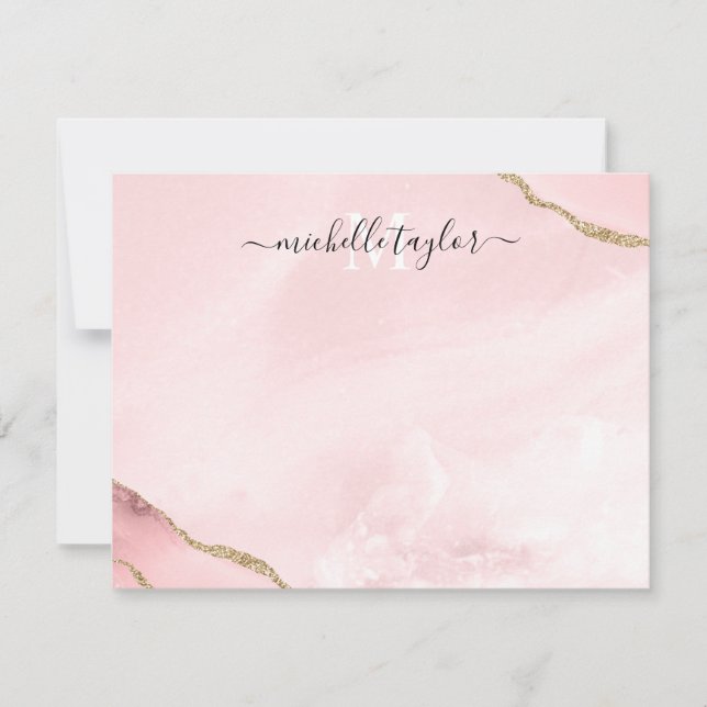 Blush Pink Gold Chic Glitter Gold Agate Monogram N Note Card (Front)